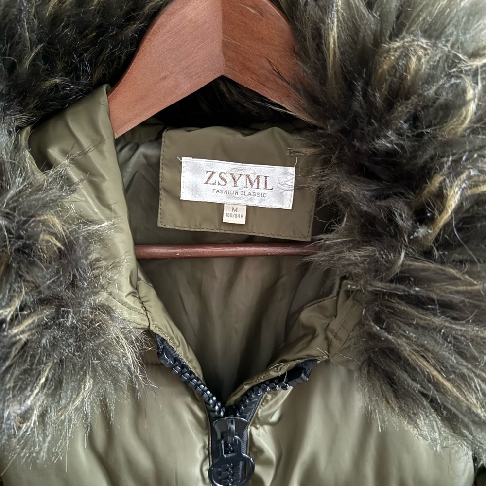Olive Green Longline Puffer Coat Faux Fur Hood Size M - Picture 3 of 7